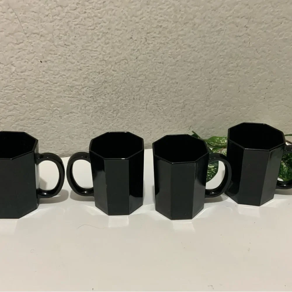 Set 4 ARCOROC Glass BLACK OCTIME Octagon 10oz Coffee MUG Tea CUP France G1
